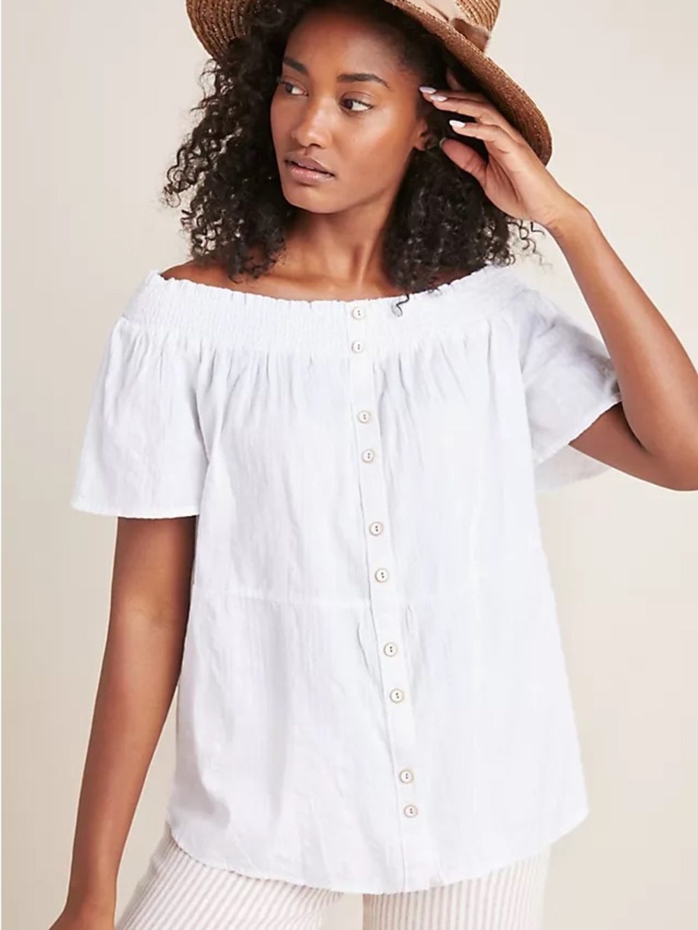 Anthropologie Lucille White Off-Shoulder Button-Front Top